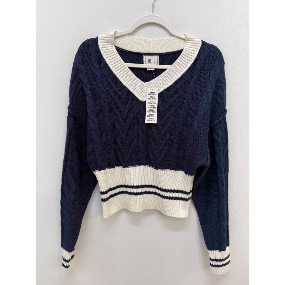 BDG Sweater Small Navy Blue Cream Cable Knit V-Neck Cropped Preppy Collegiate